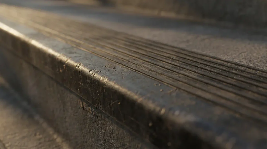 Textured grip strip on vinyl stair nosing for slip resistance
