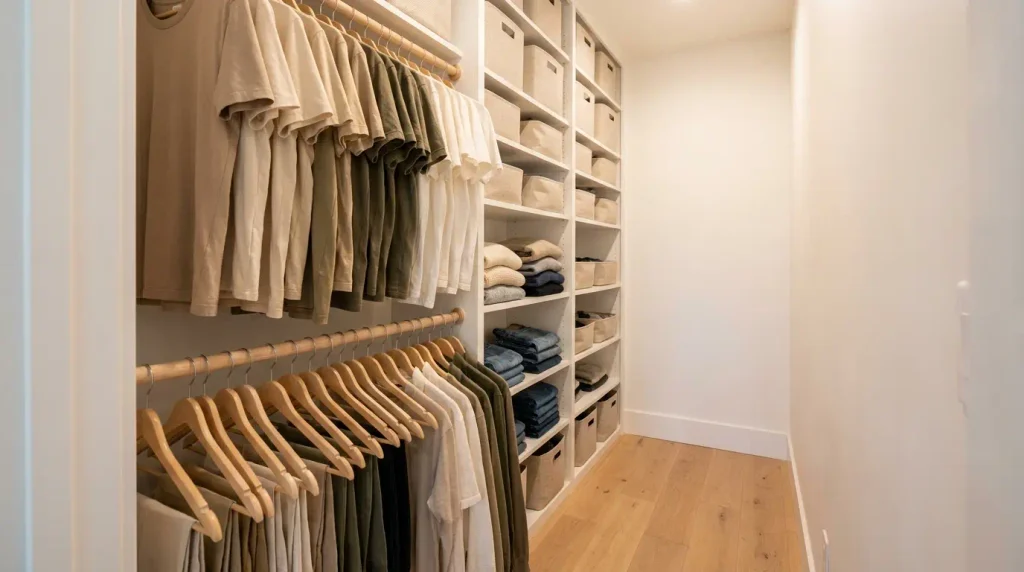 Double-hang rods and floor-to-ceiling shelves maximizing space in a small closet
