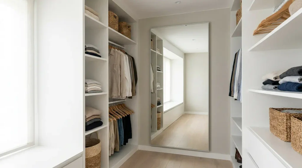 A bright small walk-in closet with a full-length mirror and light colors that feel open
