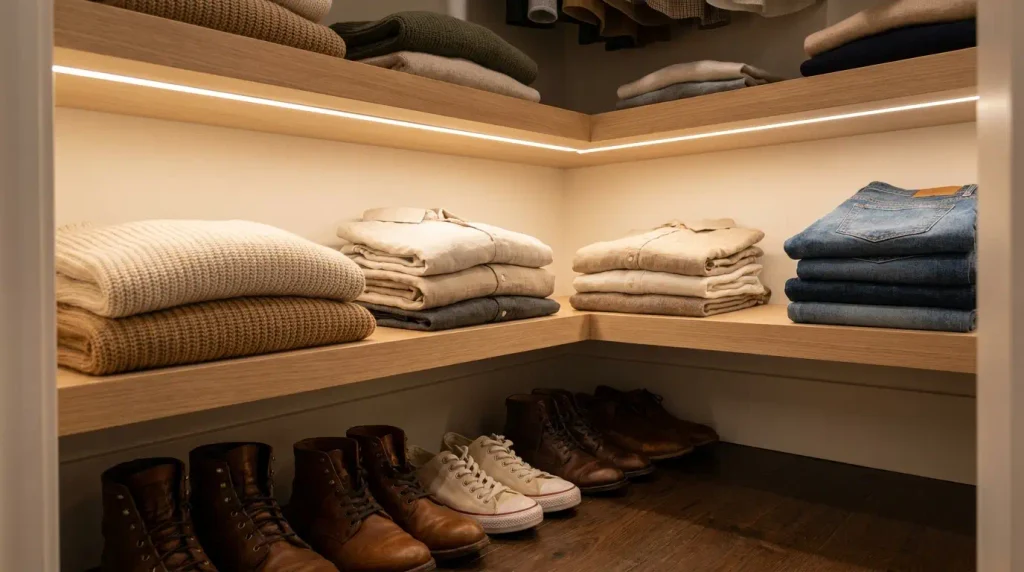 Warm LED strip lighting glowing under the shelves of a small closet
