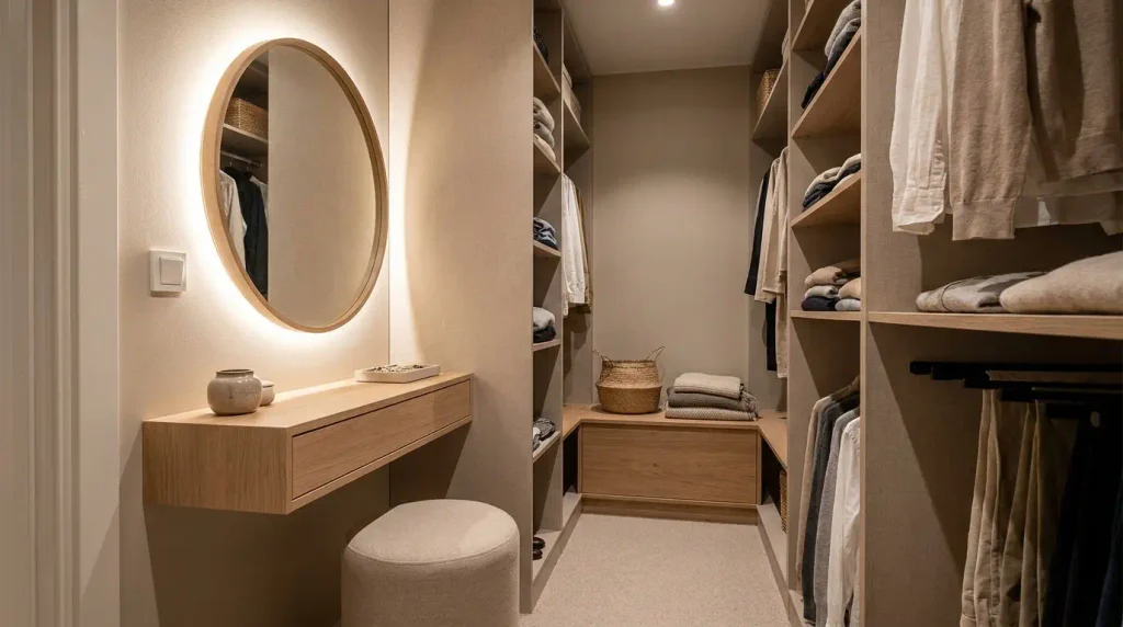 A small walk-in closet with a slim vanity, mirror, and storage bench
