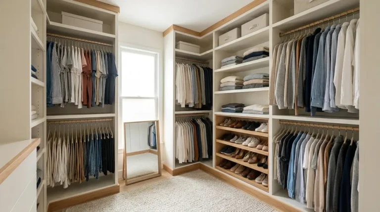 A bright, organized small walk-in closet with double-hang rods and shelves