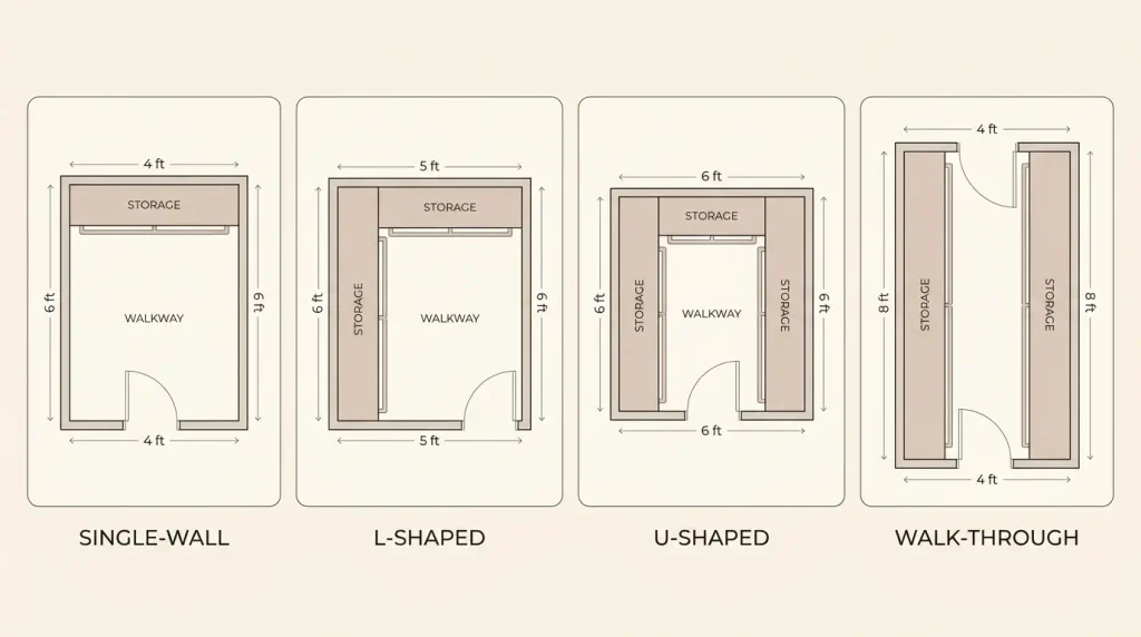 Diagram of four small walk-in closet layouts: single-wall, L-shaped, U-shaped, and walk-through
