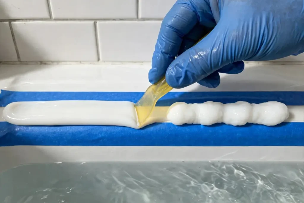 Caulk finishing tool smoothing a fresh bead of white silicone on a water-filled bathtub
