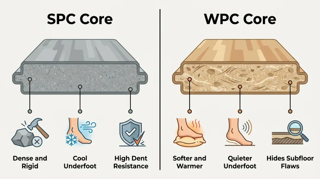 SPC vs WPC vinyl plank flooring core comparison diagram