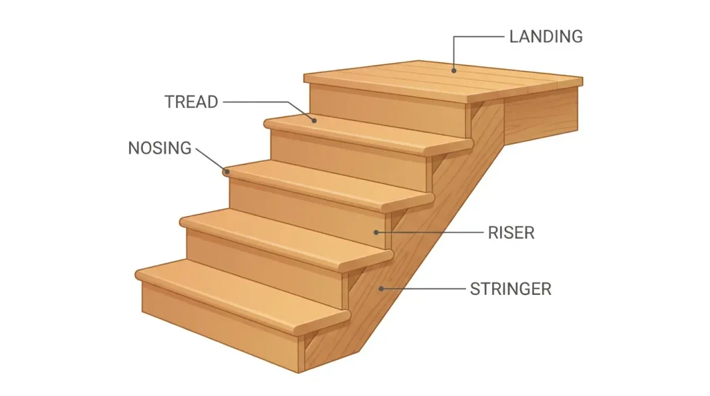 Diagram labeling the tread, riser, nosing, stringer, and landing on a staircase
