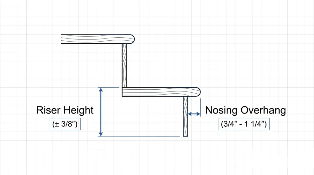 Diagram showing correct riser height and stair nosing overhang measurements
