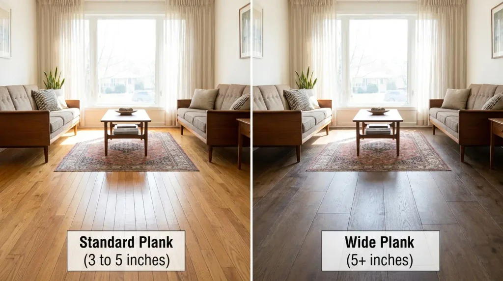 Comparison of standard width versus wide plank engineered hardwood flooring in a living room