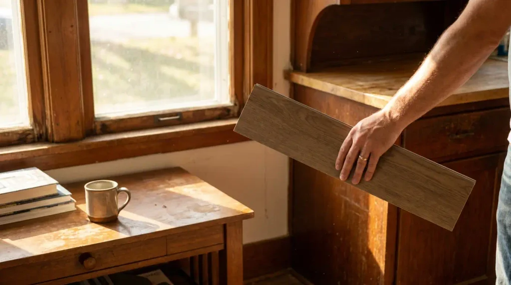 Testing vinyl plank flooring color samples in natural light
