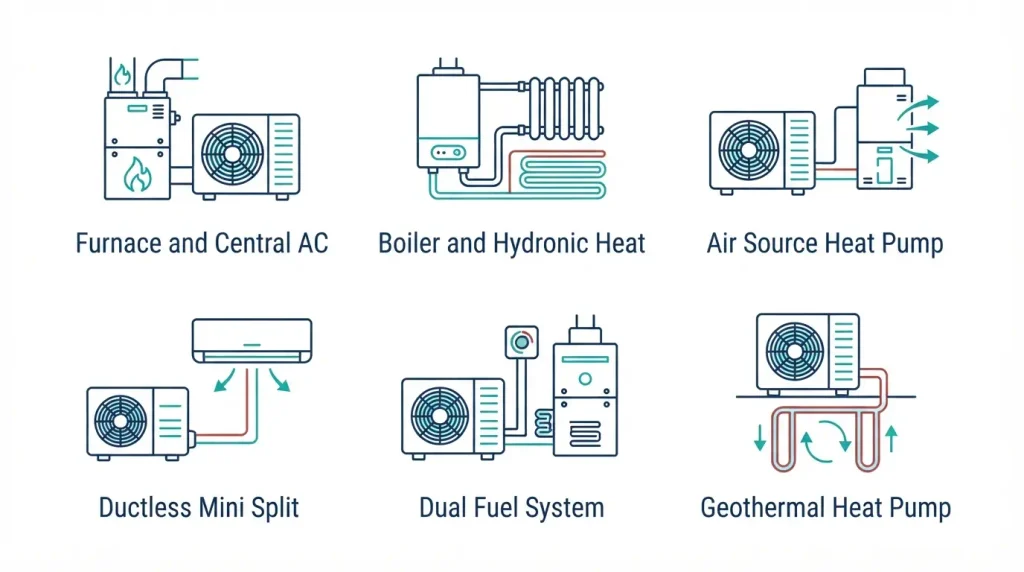 Comparison chart of six heating and cooling system types for homes