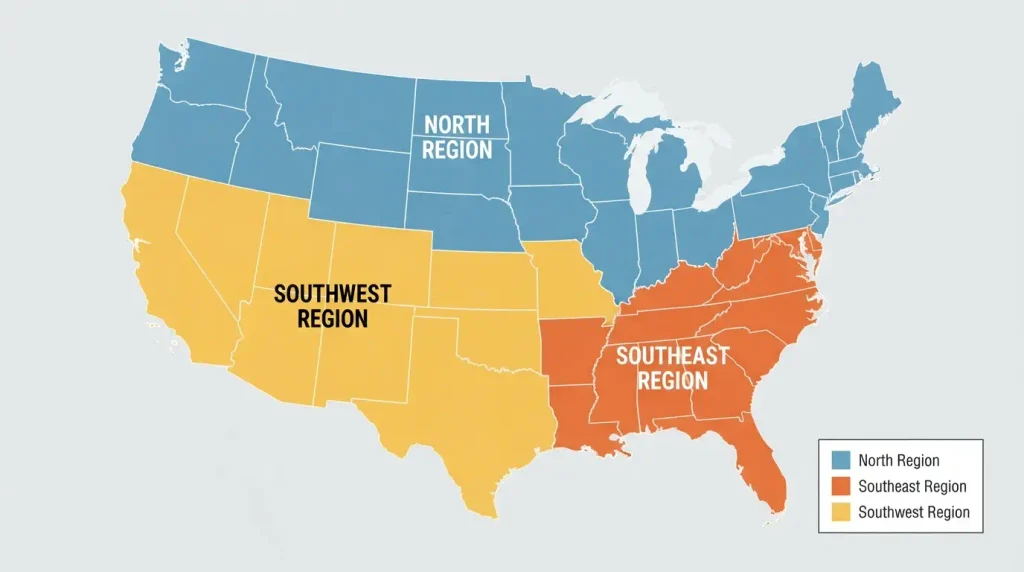 US map showing North Southeast and Southwest HVAC efficiency climate zones
