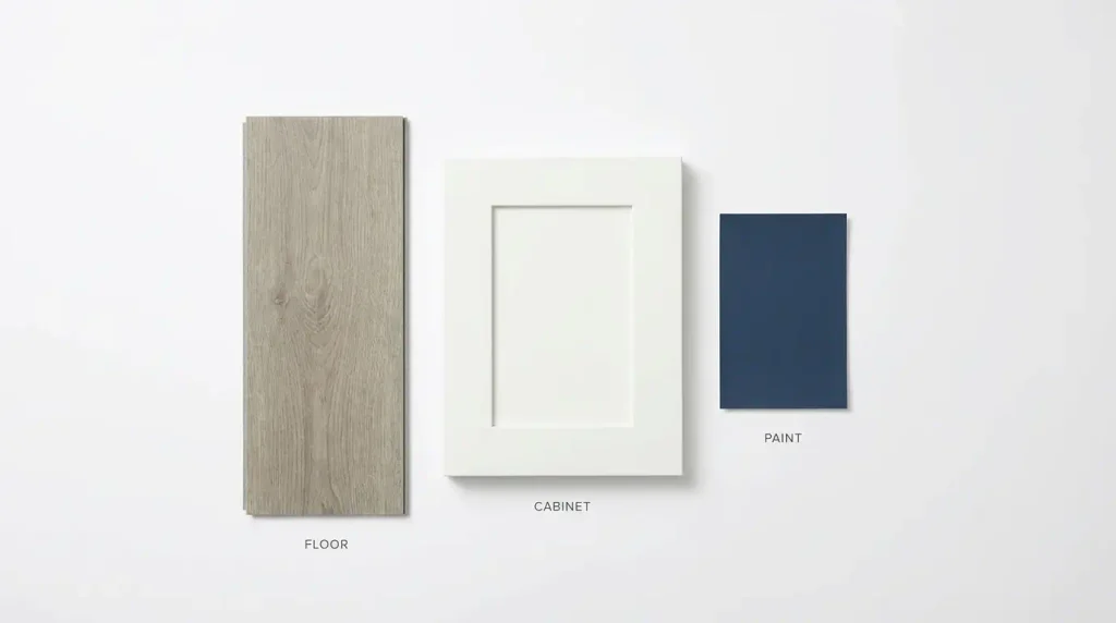 Vinyl plank flooring color pairing guide with cabinet samples
