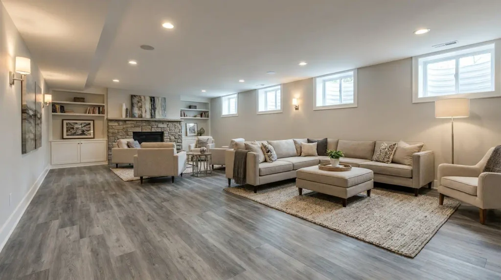 Waterproof vinyl plank flooring installed in a finished basement
