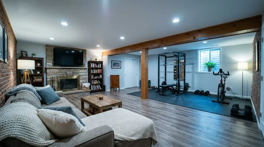 Vinyl plank flooring colors installed in a finished basement
