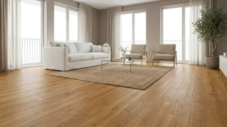 Modern living room with mid-tone vinyl plank flooring colors