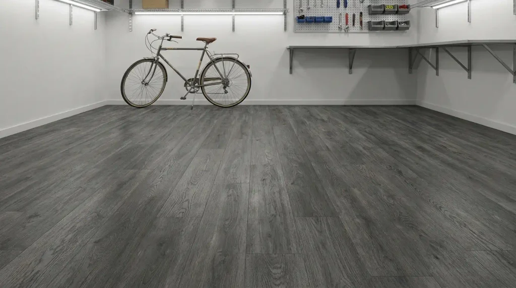 Durable vinyl plank flooring installed in a home garage