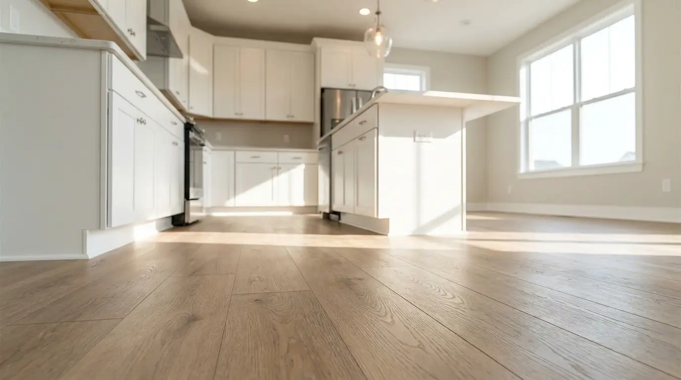 Vinyl plank flooring installed in a modern kitchen with wood look finish