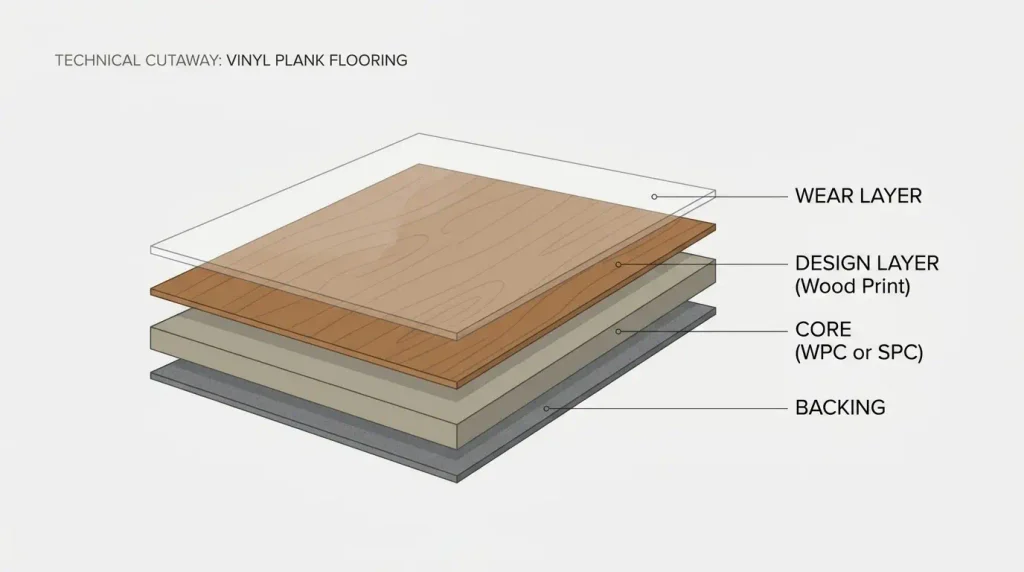 Diagram showing the four layers of vinyl plank flooring wear layer design layer core and backing
