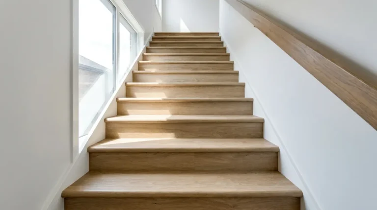 Staircase with vinyl plank flooring on stairs and finished nosing edge