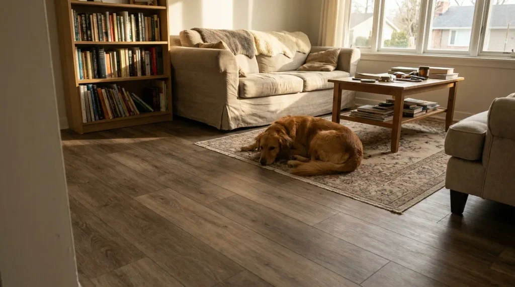 Pet friendly vinyl plank flooring in a living room with a dog