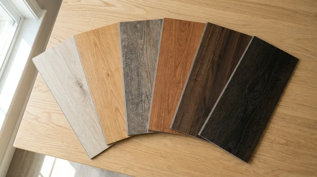 Vinyl plank flooring samples fanned out for comparison
