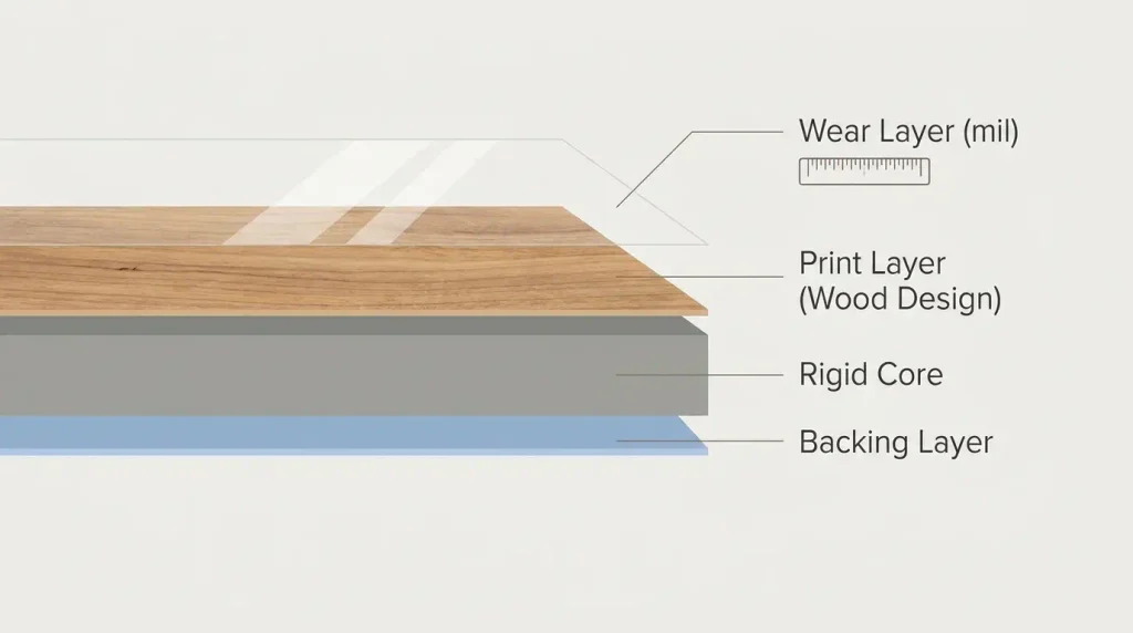 Vinyl plank flooring wear layer thickness diagram showing mil measurement