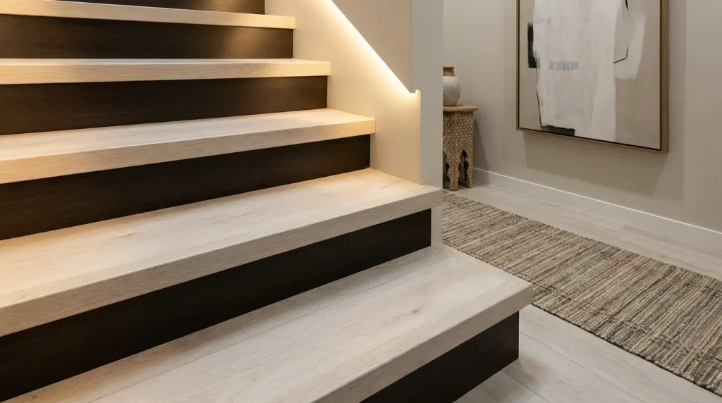 Styled staircase with light vinyl plank treads and dark contrasting risers
