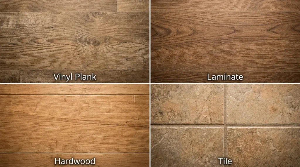 Close-up texture comparison of vinyl plank laminate hardwood and tile flooring
