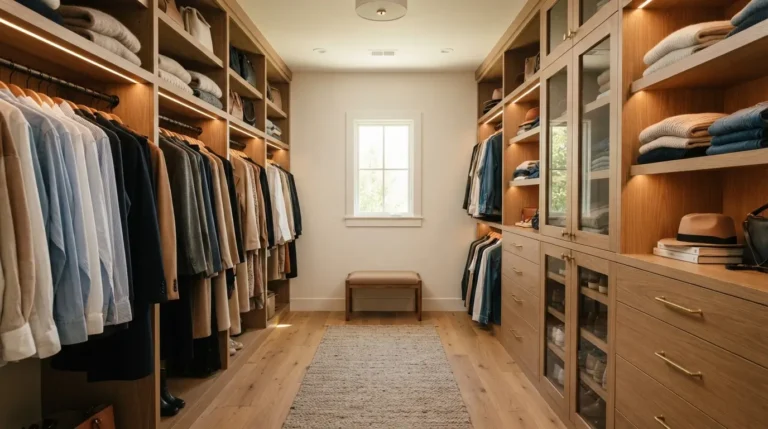 Walk-in closet dimensions guide showing double-sided storage layout