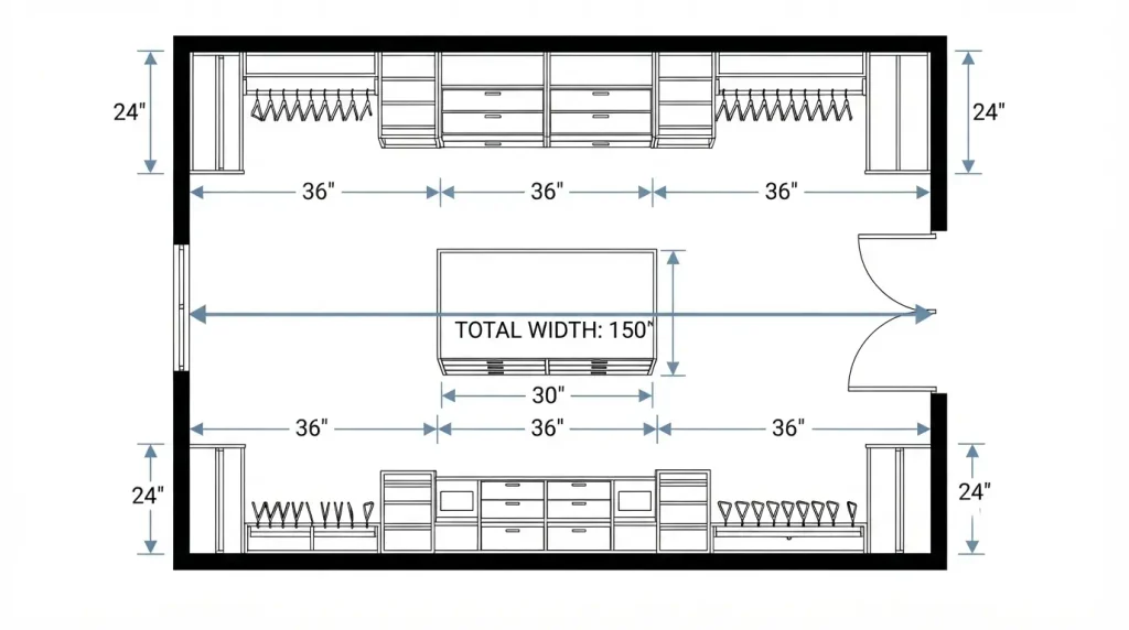 Walk-in closet island clearance dimensions diagram showing 150 inch total width calculation
