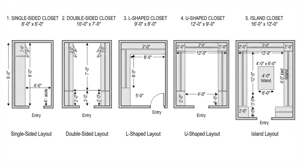 Walk-in closet layout types compared, single-sided, double-sided, L-shaped, U-shaped, and island

