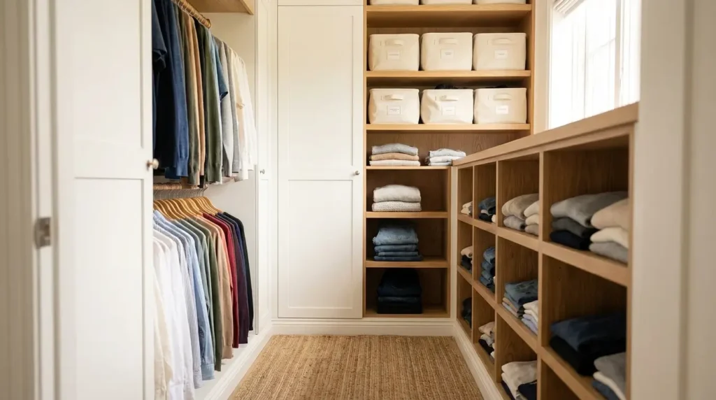 Organized walk-in closet with labeled bins, folded drawers, and matching hangers