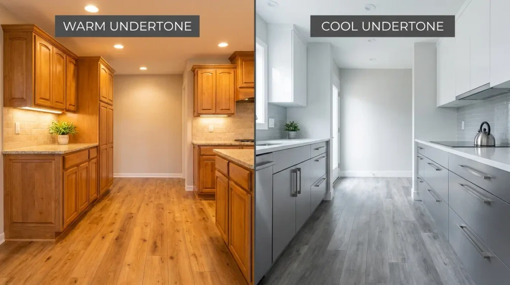Comparison of warm and cool undertone vinyl plank flooring colors
