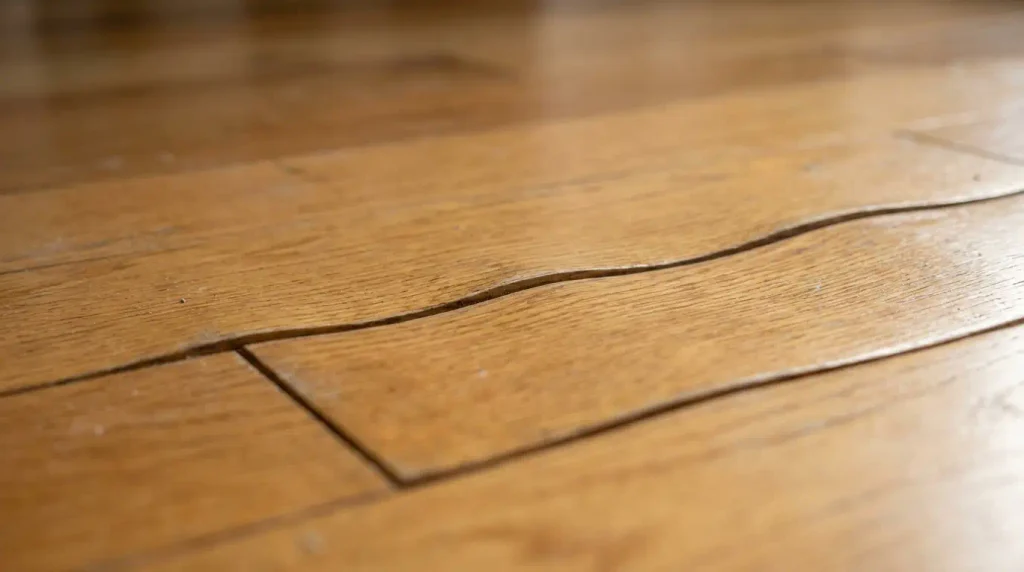 Close up of cupped and swollen seams on water damaged engineered hardwood floor
