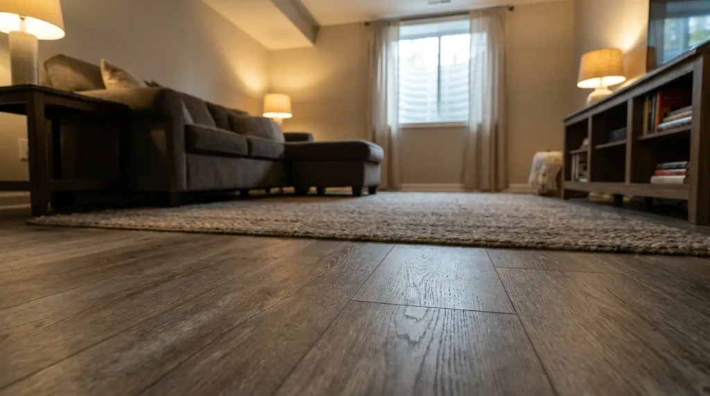 Waterproof engineered hardwood flooring in a finished basement living area
