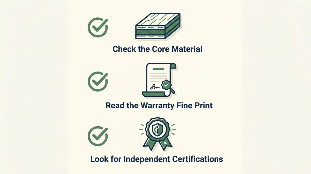 Checklist graphic for verifying a waterproof engineered hardwood flooring claim before buying
