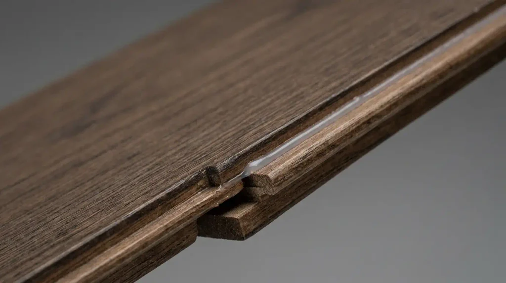 Close up of click lock edge and sealed seam on waterproof engineered hardwood plank
