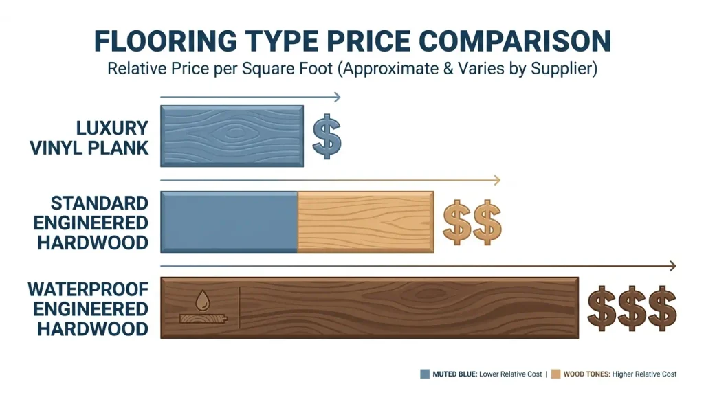 Bar chart comparing cost per square foot of waterproof engineered hardwood flooring versus standard engineered hardwood and luxury vinyl plank
