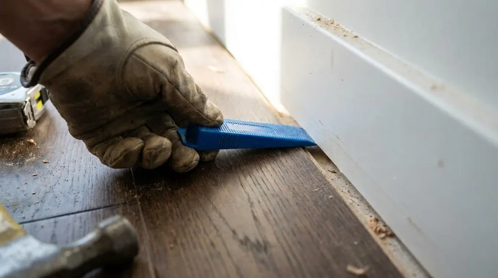 Installer using spacers to create an expansion gap during waterproof engineered hardwood flooring installation
