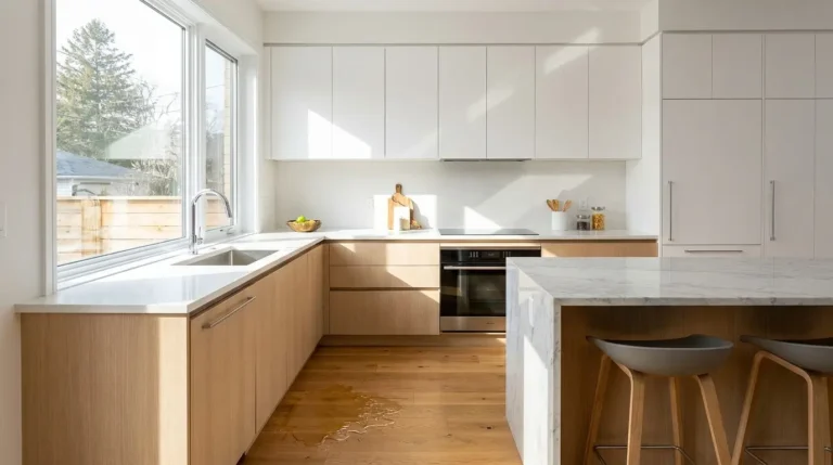 Waterproof engineered hardwood flooring installed in a modern kitchen