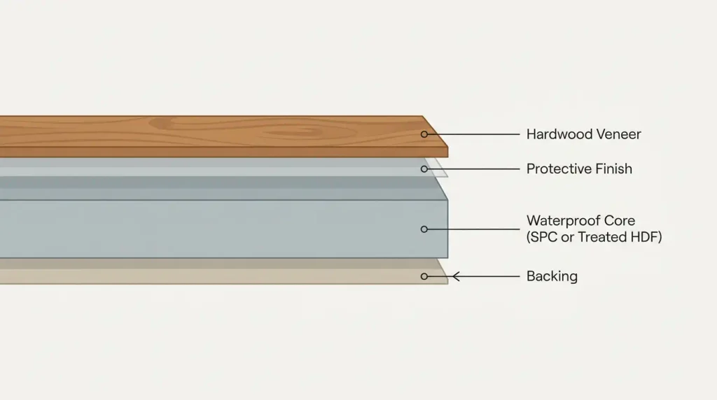 Cross section diagram showing the layers of waterproof engineered hardwood flooring
