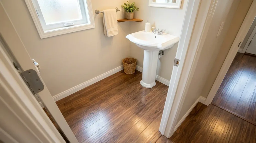 Waterproof laminate flooring installed in a small bathroom near a vanity

