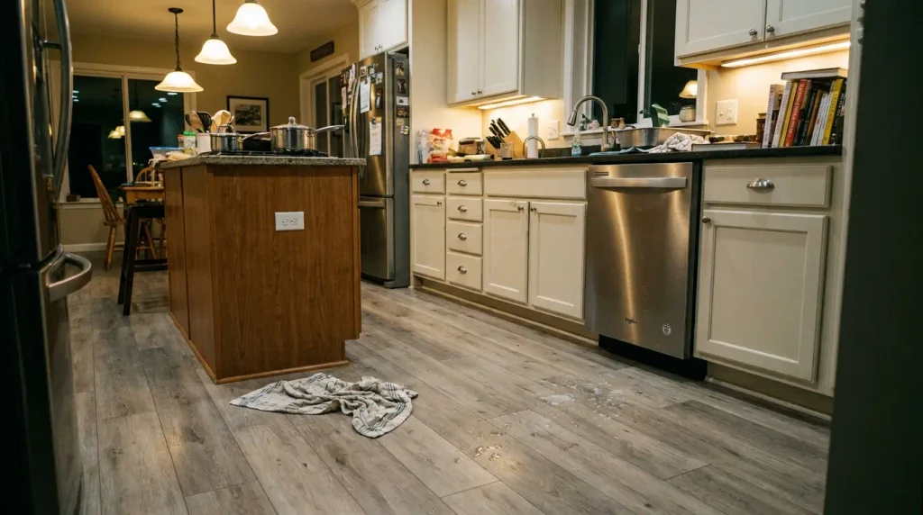 Waterproof laminate flooring in a busy kitchen near a sink and dishwasher
