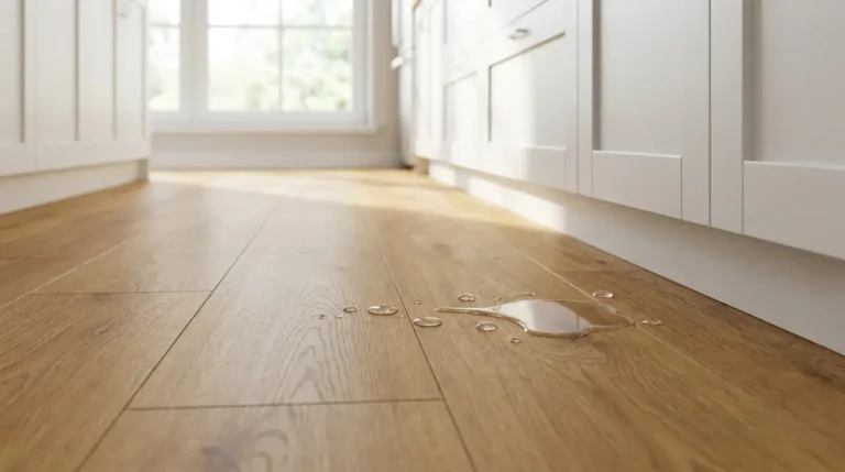 Wood look waterproof laminate flooring installed in a bright modern kitchen