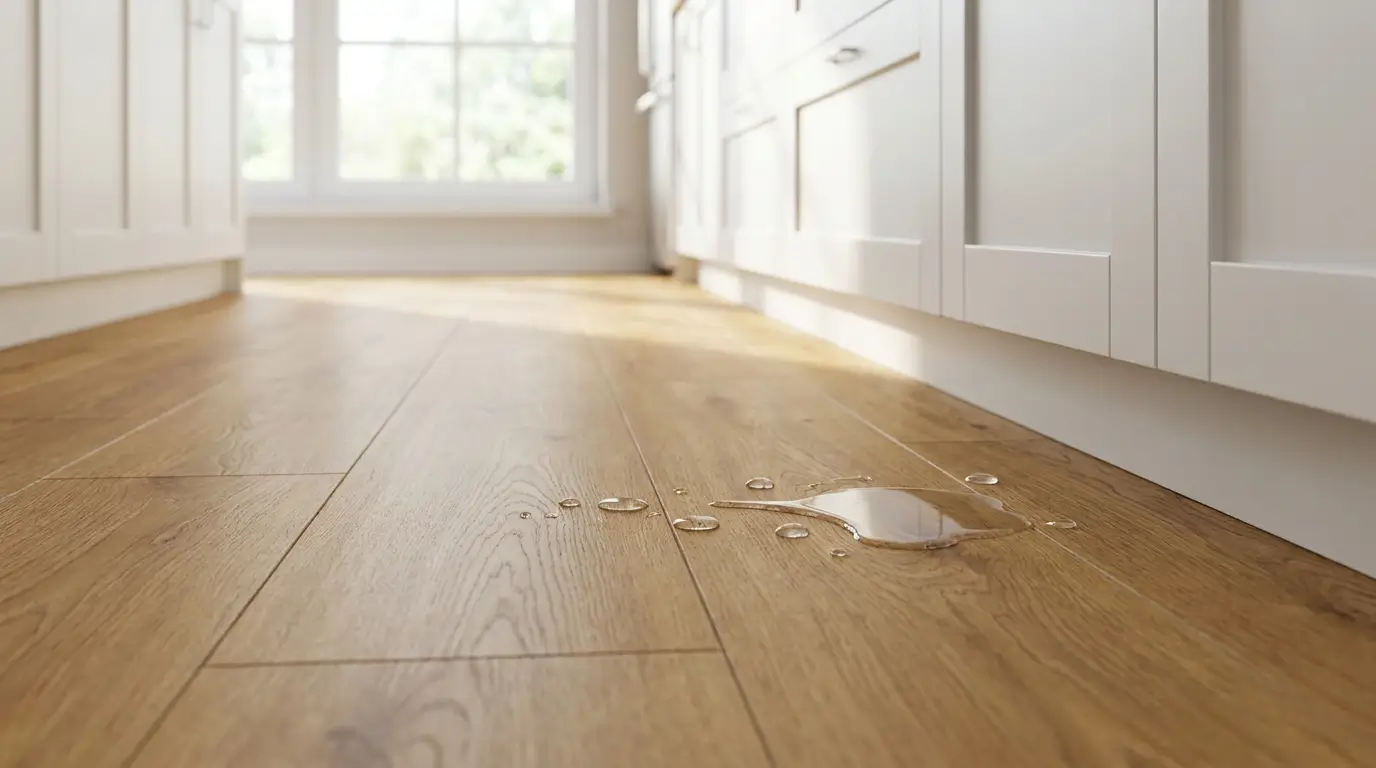 Wood look waterproof laminate flooring installed in a bright modern kitchen