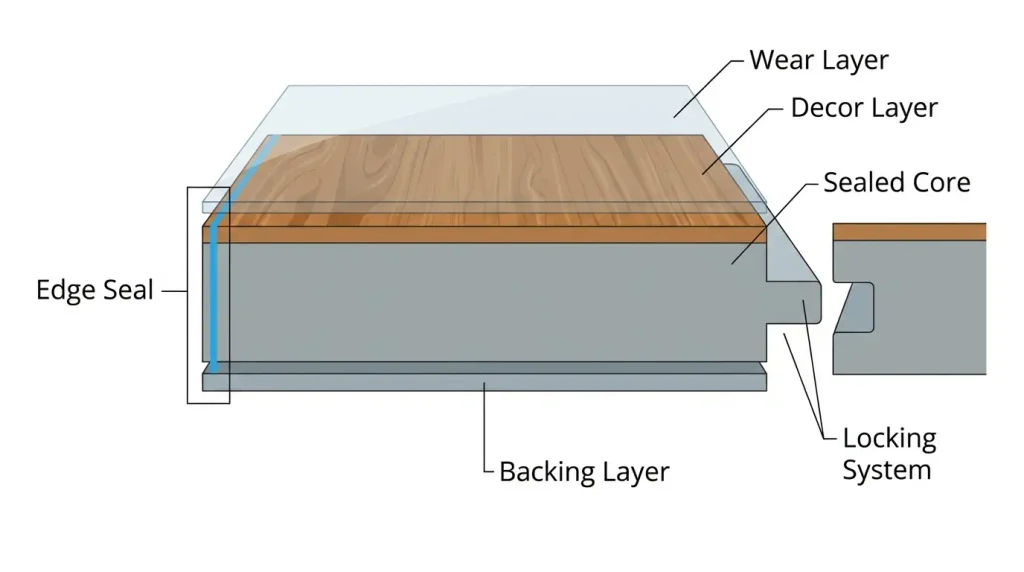Labeled cross section diagram of a waterproof laminate plank showing core, edge seal, and locking system
