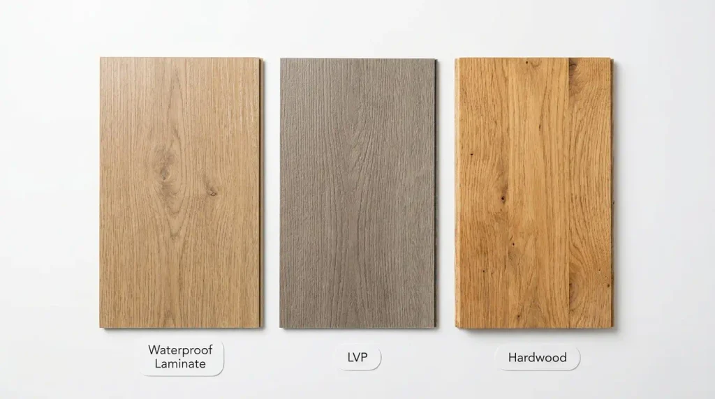 Three flooring samples compared side by side, waterproof laminate, LVP, and solid hardwood
