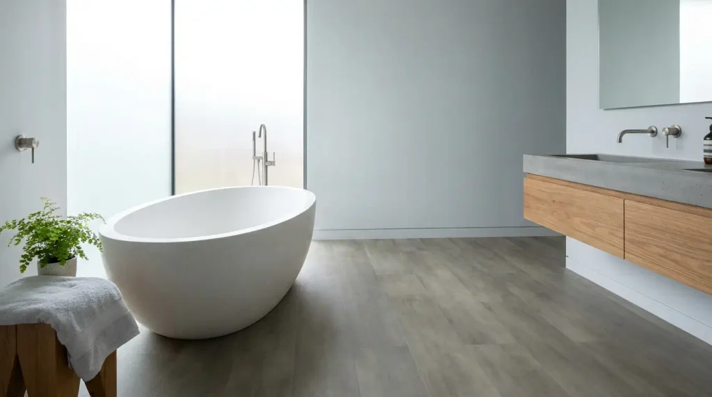 Waterproof vinyl plank flooring installed in a modern bathroom