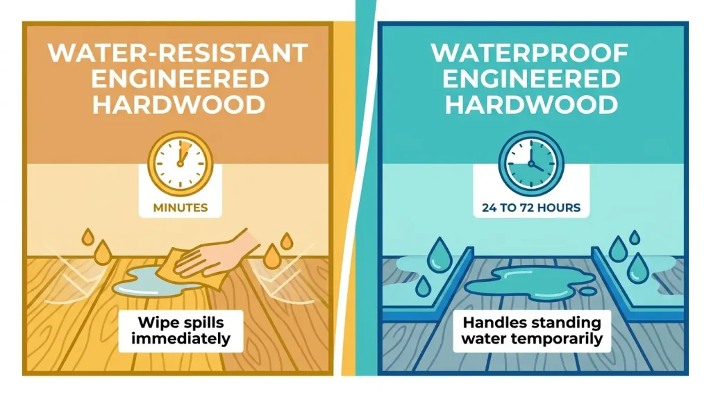 Comparison graphic of waterproof versus water resistant engineered hardwood standing water time limits
