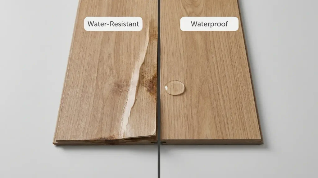Side by side comparison of swollen water resistant laminate versus intact waterproof laminate plank
